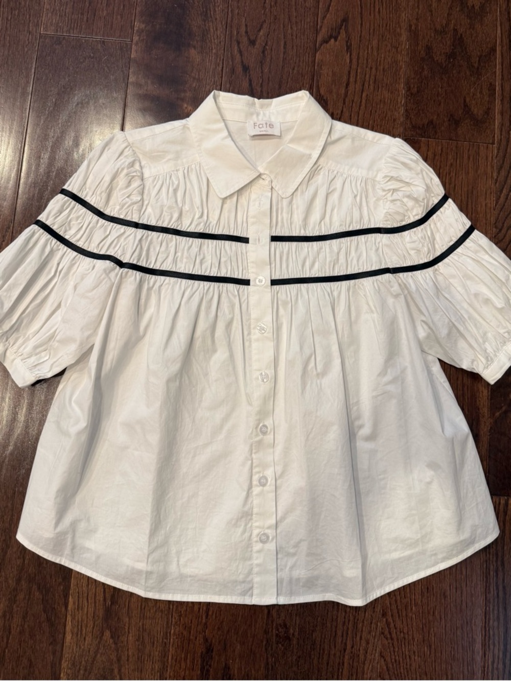 🌟 Fate White Blouse with Black Ribbon Detail